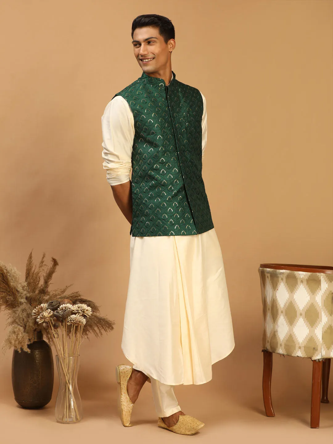 Vastramay Men's Green Jacket & Cream Kurta