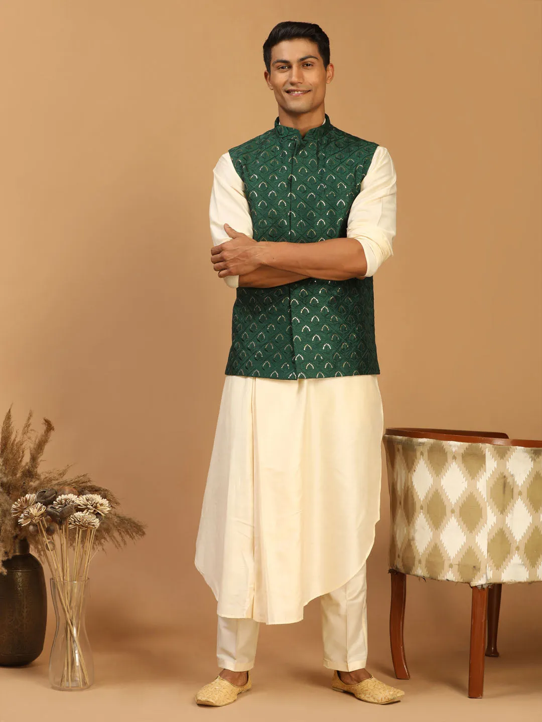 Vastramay Men's Green Jacket & Cream Kurta