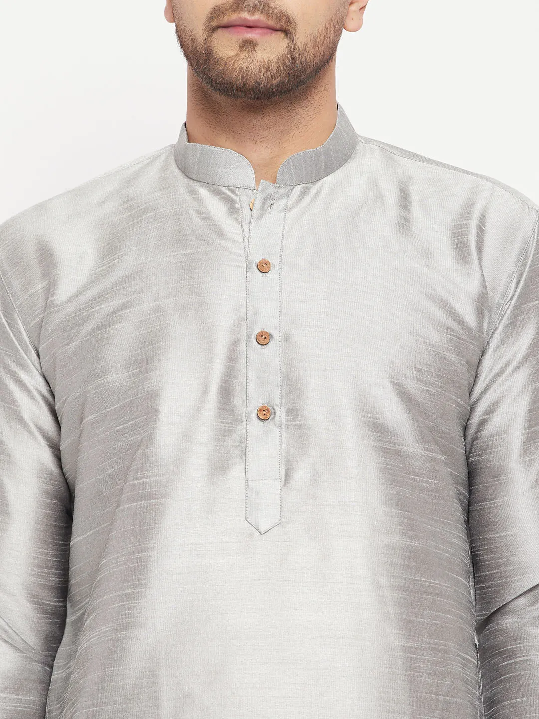 VASTRAMAY Men's Grey Silk Blend Kurta Set