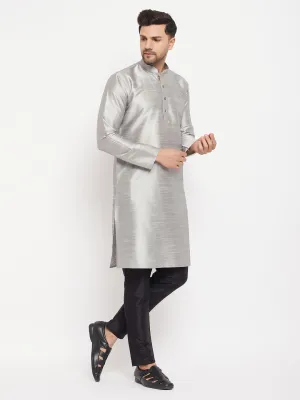 VASTRAMAY Men's Grey Silk Blend Kurta Set