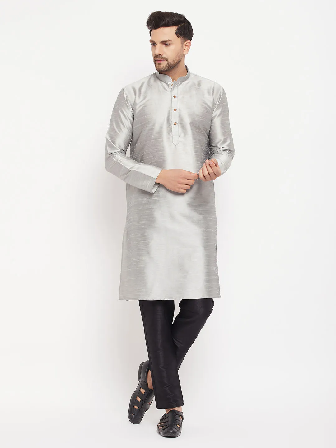 VASTRAMAY Men's Grey Silk Blend Kurta Set