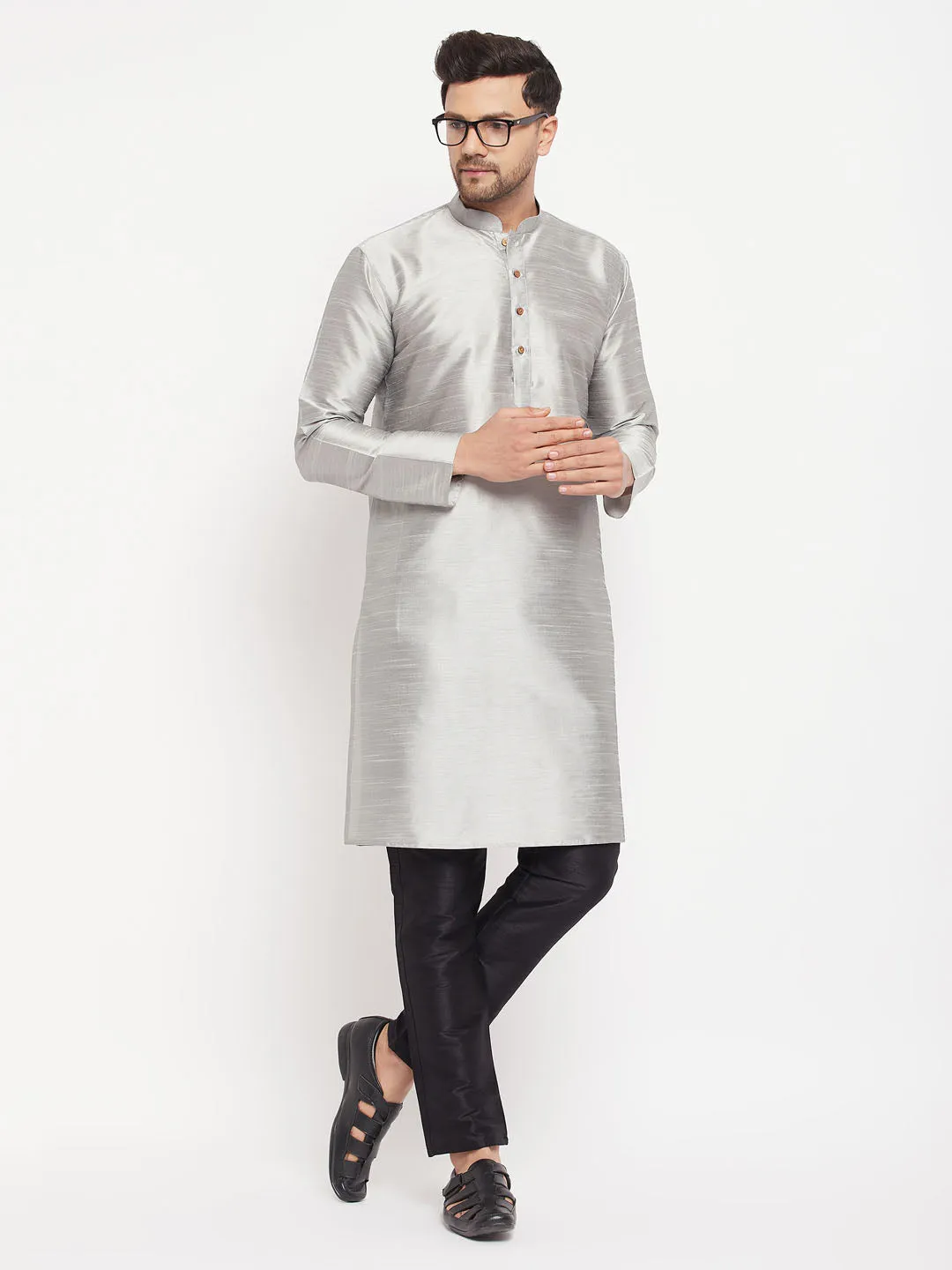 VASTRAMAY Men's Grey Silk Blend Kurta Set