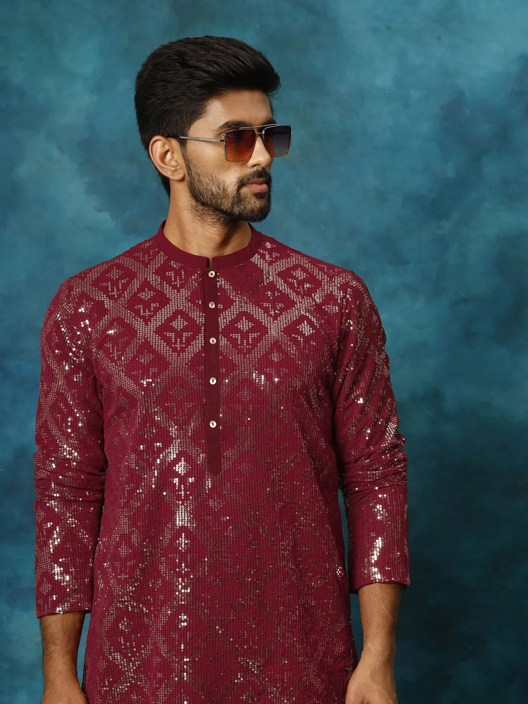 Vastramay Men's Maroon Georgette Embellished Kurta