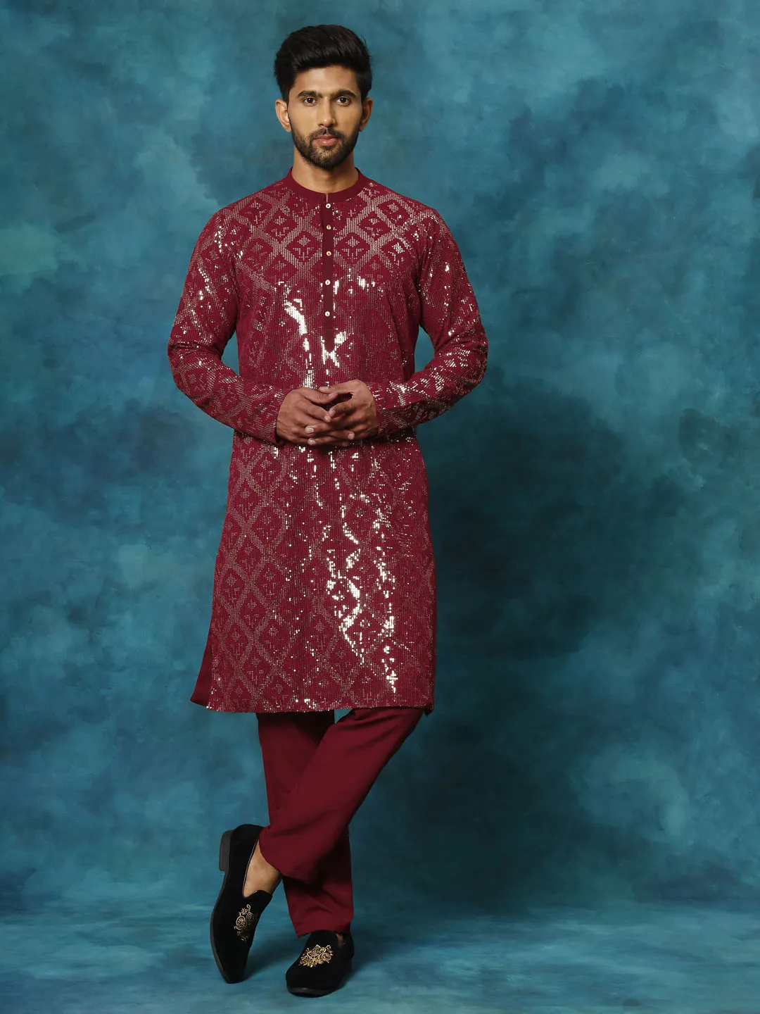 Vastramay Men's Maroon Georgette Embellished Kurta