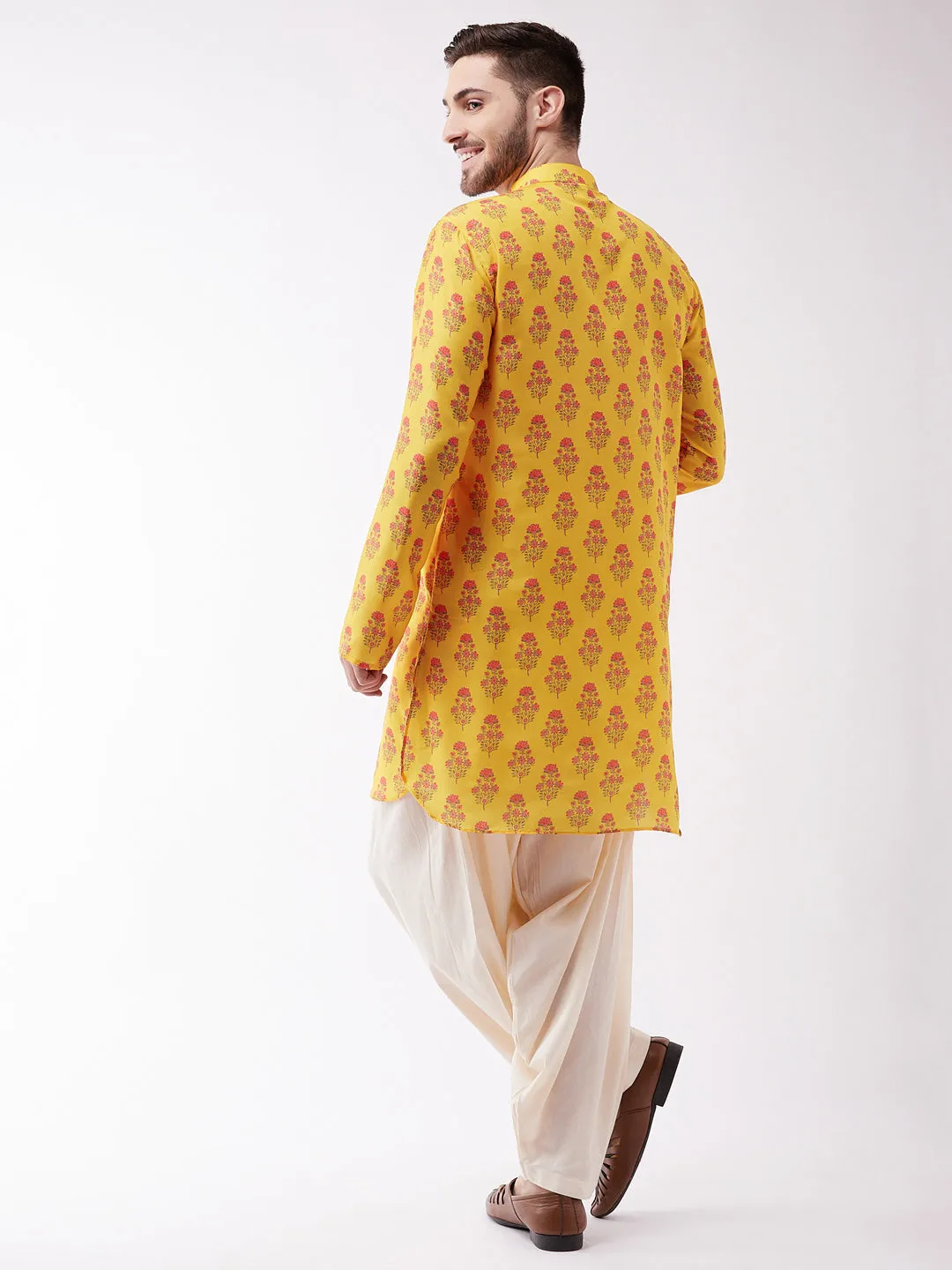 Vastramay Men's Mustard & Cream Cotton Kurta Set