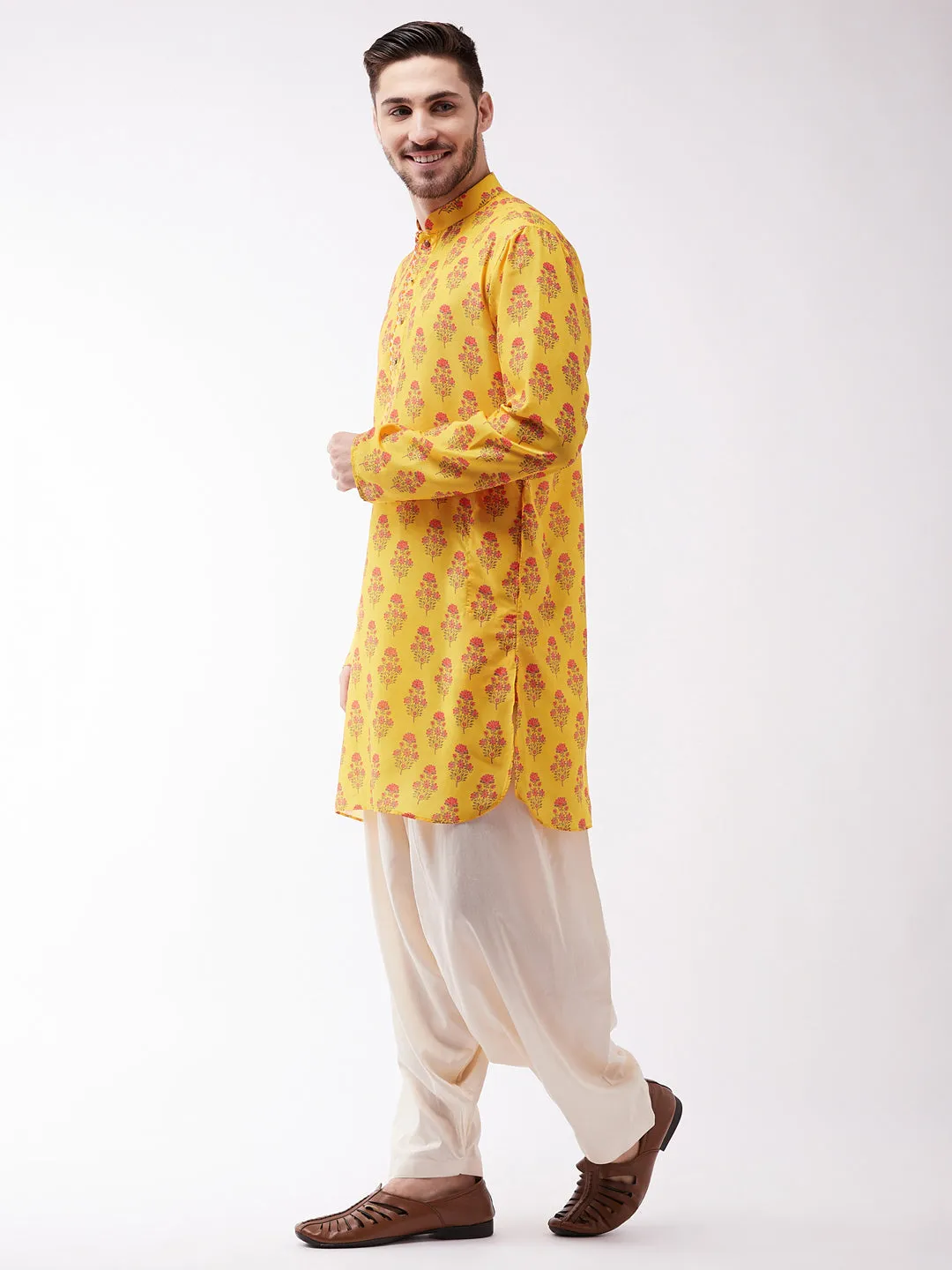 Vastramay Men's Mustard & Cream Cotton Kurta Set