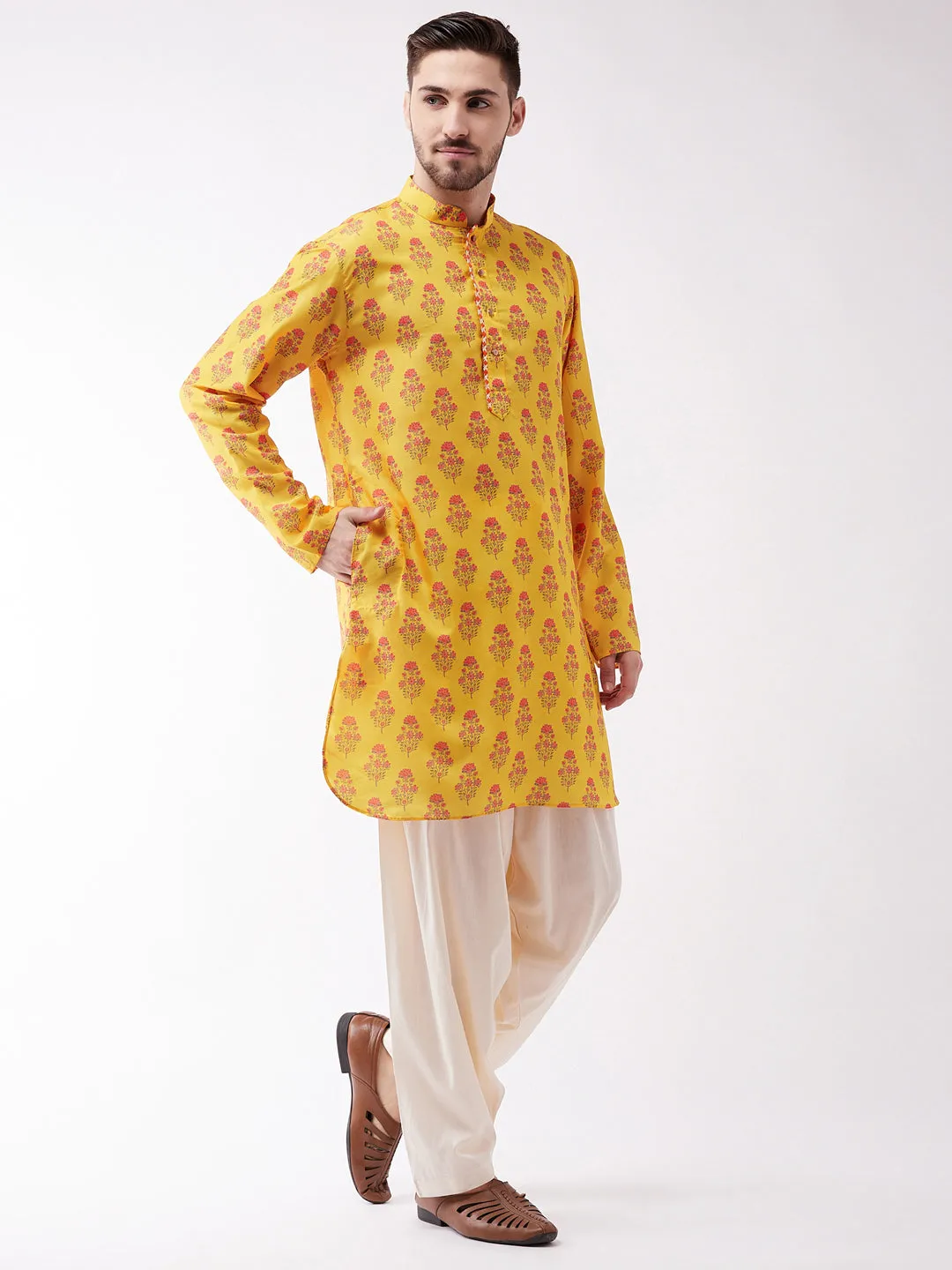 Vastramay Men's Mustard & Cream Cotton Kurta Set