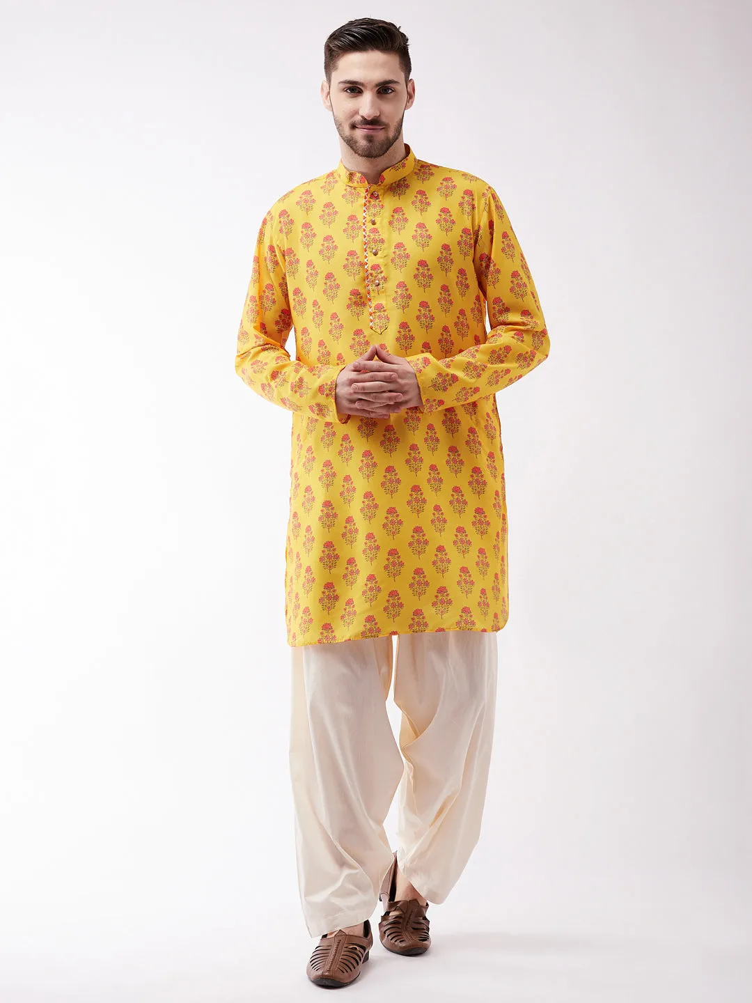 Vastramay Men's Mustard & Cream Cotton Kurta Set