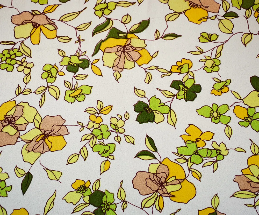 White-Green-Beige Floral Printed Rayon Crepe Faille Woven Fabric