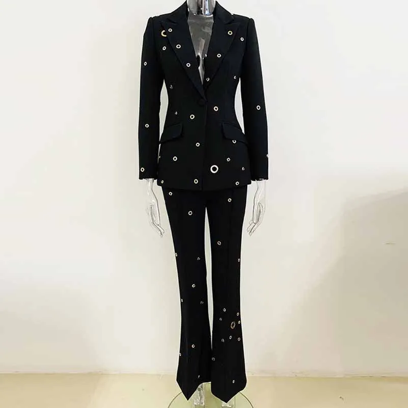 Women One Button Pantsuit Fitted Blazer   Flare Long Trousers Suit Pants Suit