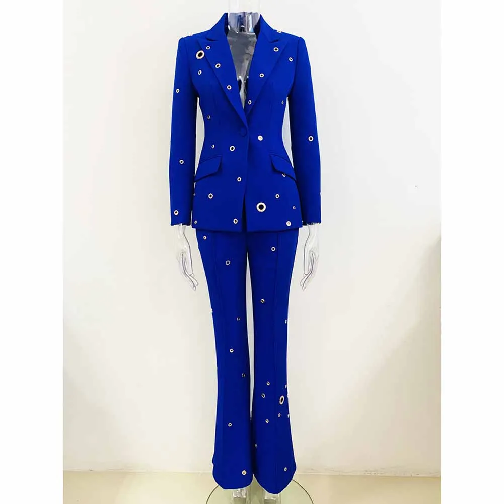 Women One Button Pantsuit Fitted Blazer   Flare Long Trousers Suit Pants Suit