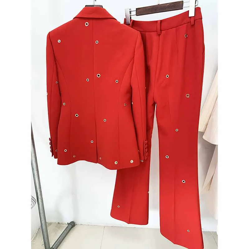 Women One Button Pantsuit Fitted Blazer   Flare Long Trousers Suit Pants Suit